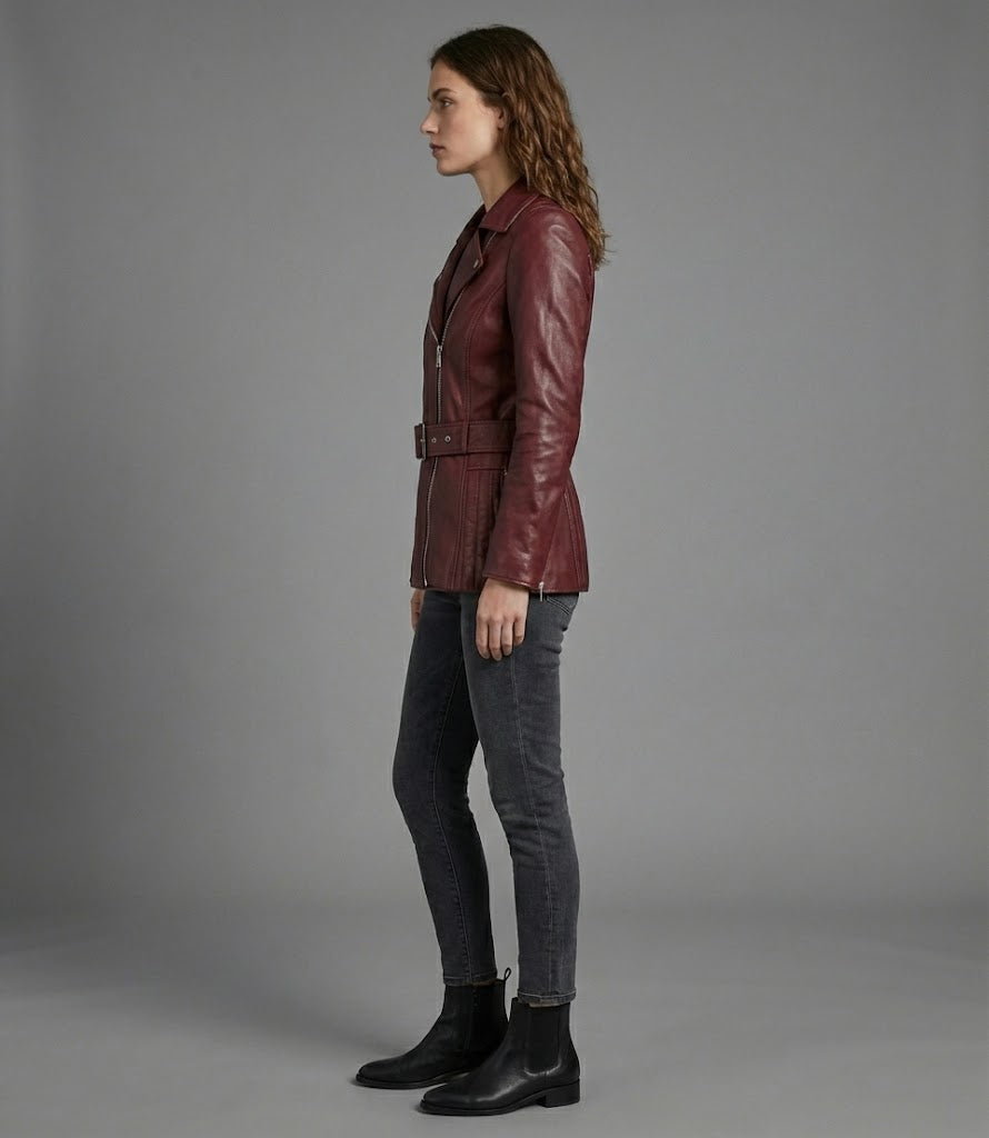 Women’s Burgundy Real Leather Biker Jacket – Classic Moto Style