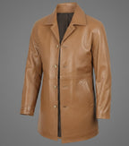 Men’s Camel Brown Leather Car Coat – Classic Driver Long Jacket