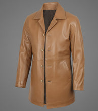 Laden Sie das Bild in den Galerie-Viewer, Herren-Leder-Car Coat in Kamelbraun – Klassische, lange Fahrerjacke

