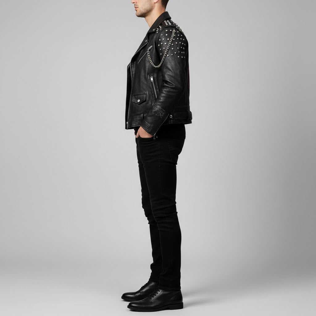 Signature Obsidian Skull Leather Biker Jacket – Hand-Studded Moto Style
