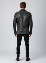 Load image into Gallery viewer, Men’s Black Spiked Leather Biker Jacket – Genuine Moto Jacket with Silver Studs
