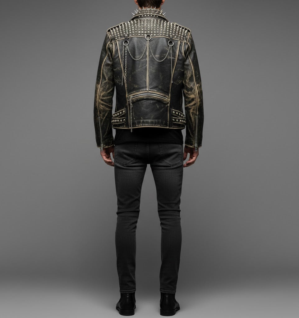 Herren Schwarze Spiked & Studded Leder Bikerjacke – Echter Moto Style