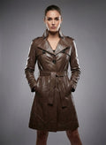 Women’s Brown Leather Trench Coat – Elegant Classic Long Overcoat