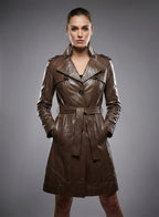 Women’s Brown Leather Trench Coat – Elegant Classic Long Overcoat