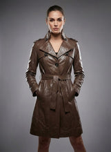 Load image into Gallery viewer, Women’s Brown Leather Trench Coat – Elegant Classic Long Overcoat
