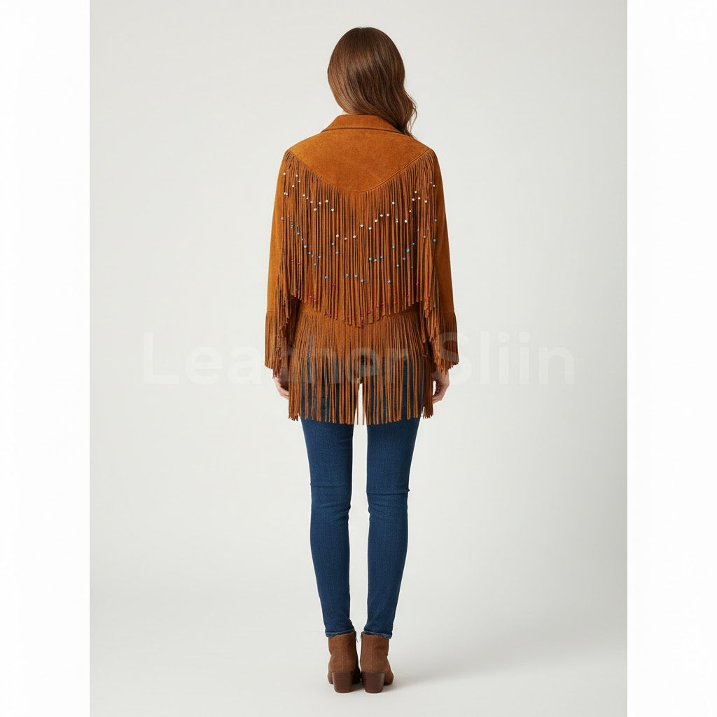 Women Tan Western fringes suede leather jacket