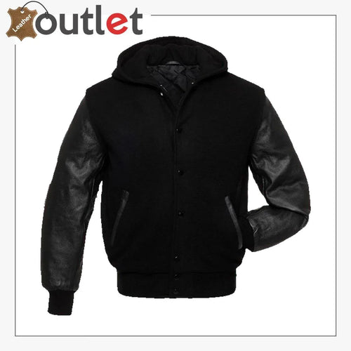 Black hooded varsity jacket, front view with snap placket