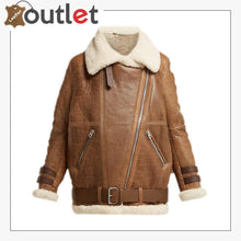 Load image into Gallery viewer, Color: Brown Material: Pure Leather Inner Faux Shearling Lining Sherpa Lapel Collar Open Sherpa Cuffs Zip Fastening Outside PocketsColor: Brown Material: Pure Leather Inner Faux Shearling Lining Sherpa Lapel Collar Open Sherpa Cuffs Zip Fastening Outside Pockets
