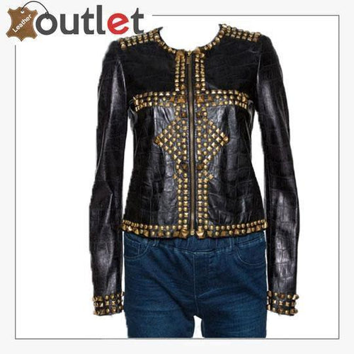 Black embossed leather studded jacket with full front zip