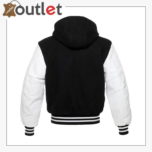 Plain black hooded letterman jacket, back view