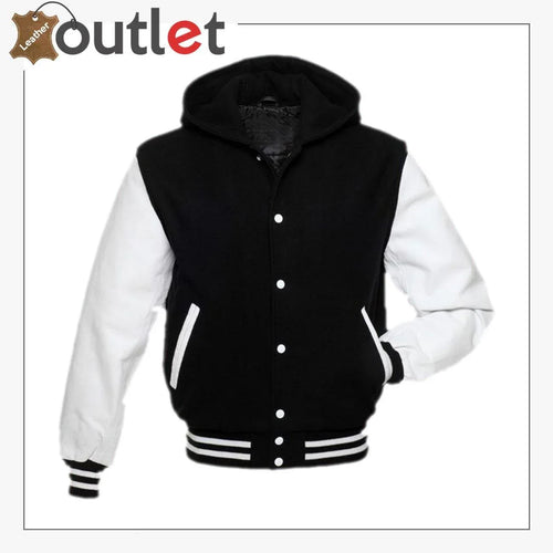 Basic black hoodie varsity jacket, front view