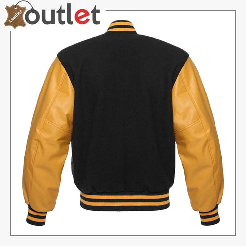 Black and gold letterman varsity jacket, back view