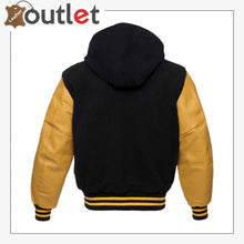 Load image into Gallery viewer, Black Gold Hoodie Varsity Jacket
