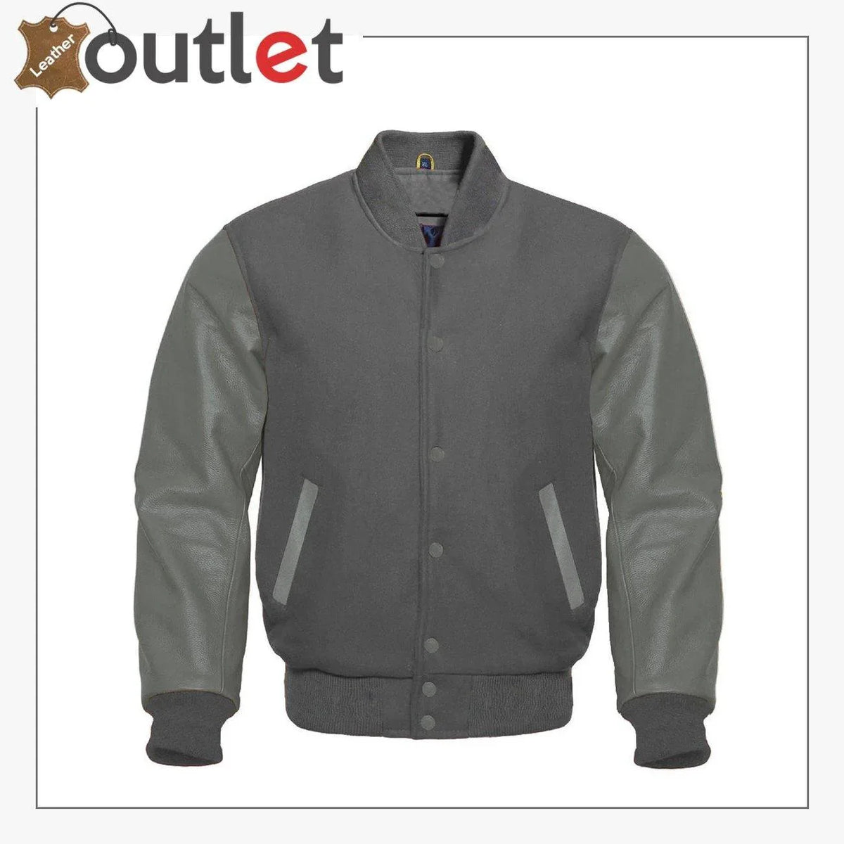 Mens modern black leather varsity jacket with snap front, front view
