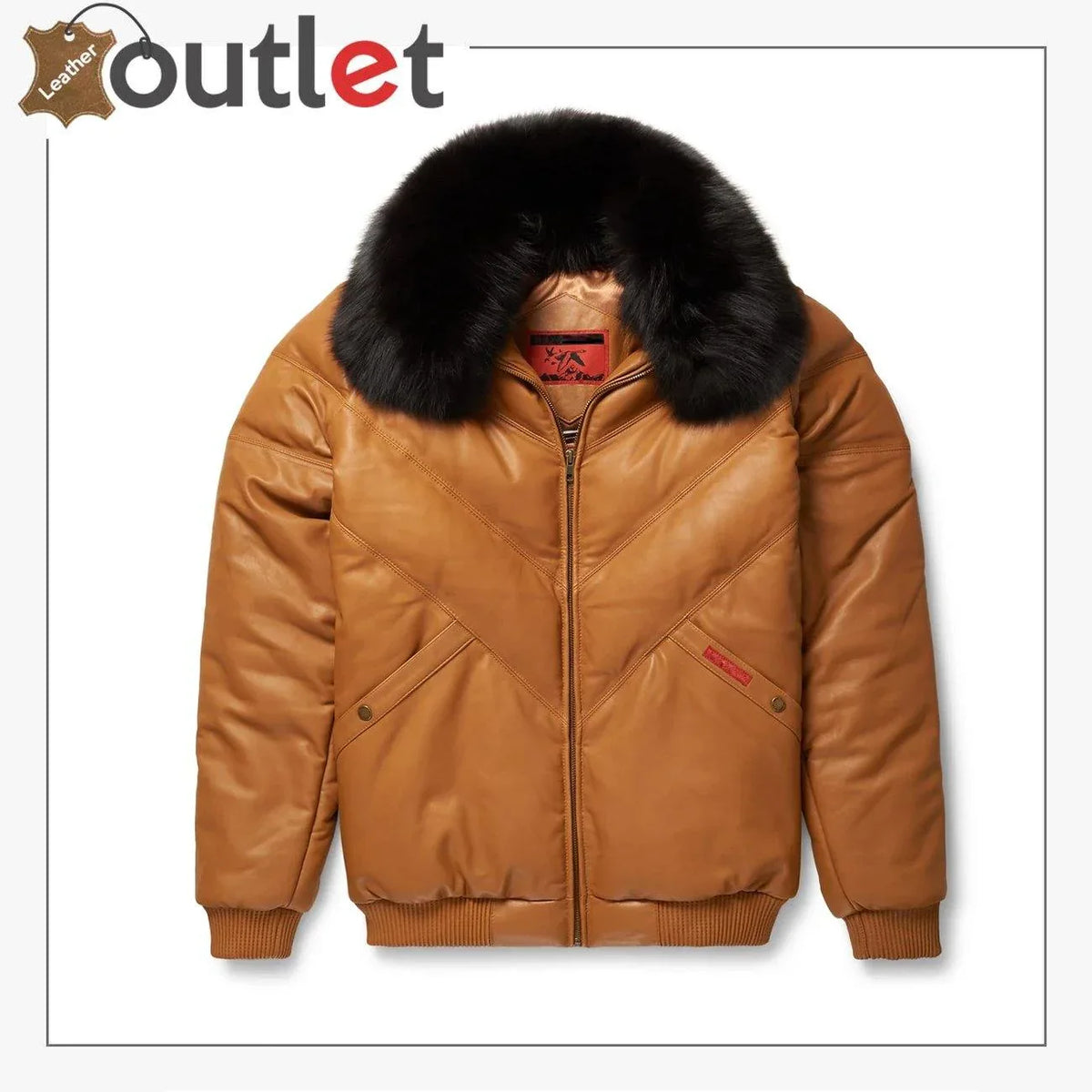 Brown V-bomber leather jacket for men, front view with collarless V neckline