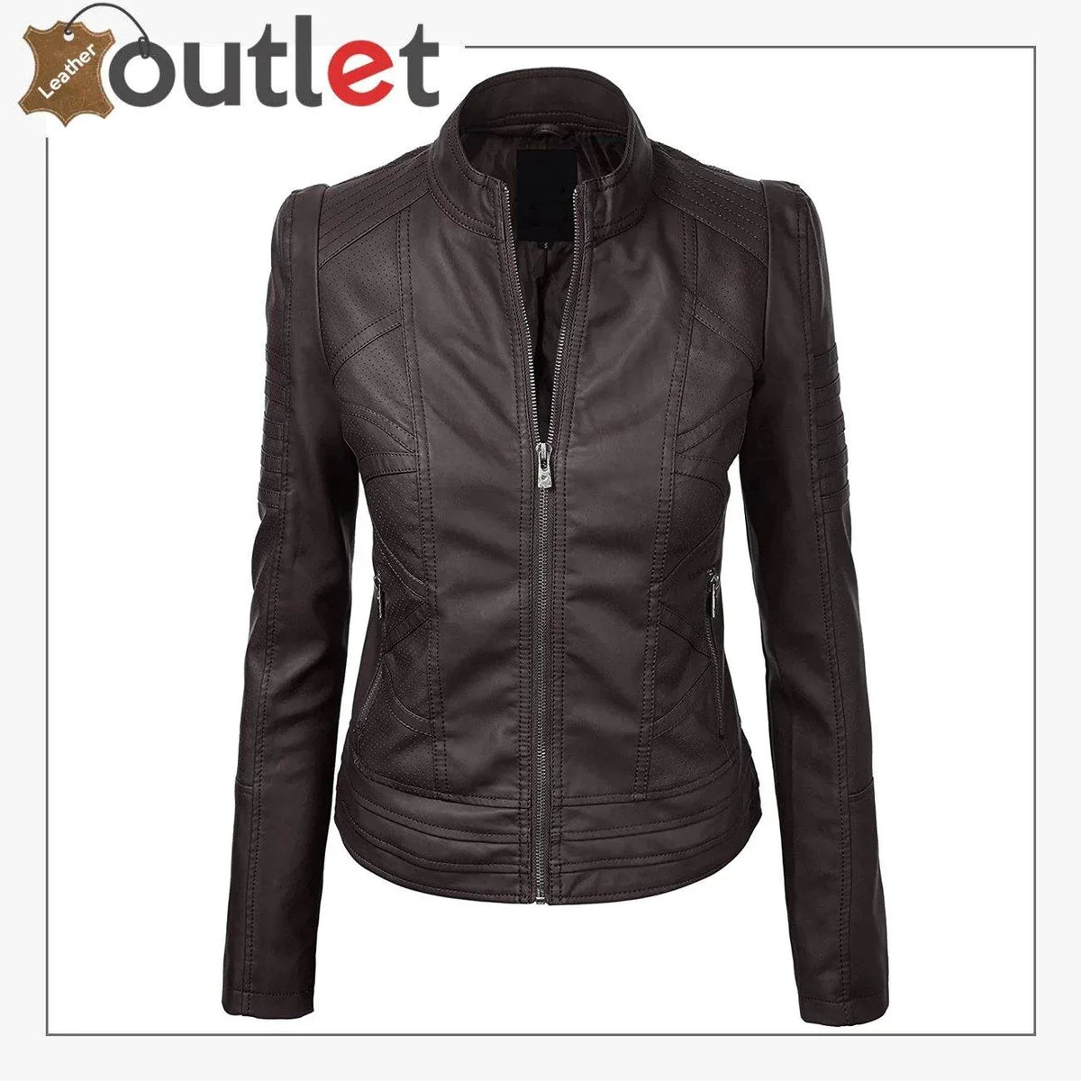 Womens black leather fashion jacket in modern clean cut, front view