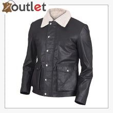 Load image into Gallery viewer, Men Black Button Shearling Leather Jacket
