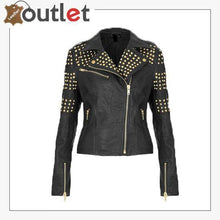 Load image into Gallery viewer, Handcrafted Golden Half Studded Black Leather Jacket
