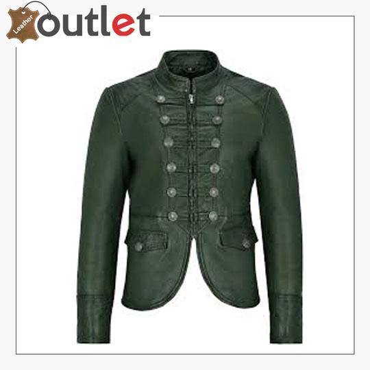 Green Victory Military Parade Style Real Leather Jacket