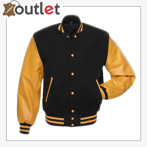 Black and gold varsity jacket with leather sleeves, front view