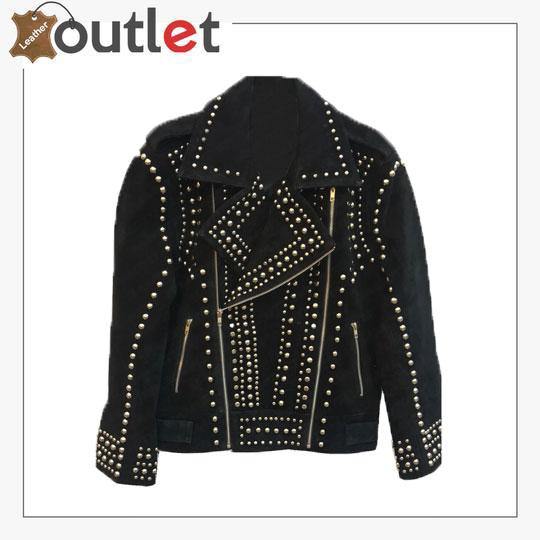 Handmade Mens Black Fashion Studded Punk Style Suede Jacket