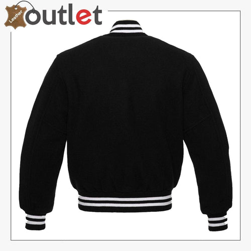 Black fleece letterman varsity jacket, back view