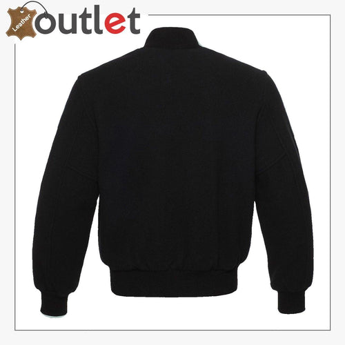 Machine washable black fleece letterman jacket, back view