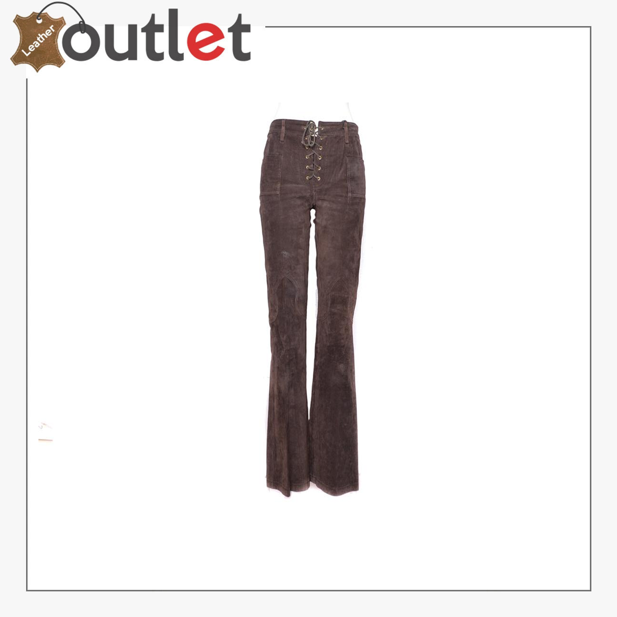 Womens brown suede leather pants with lace-up detail, front view