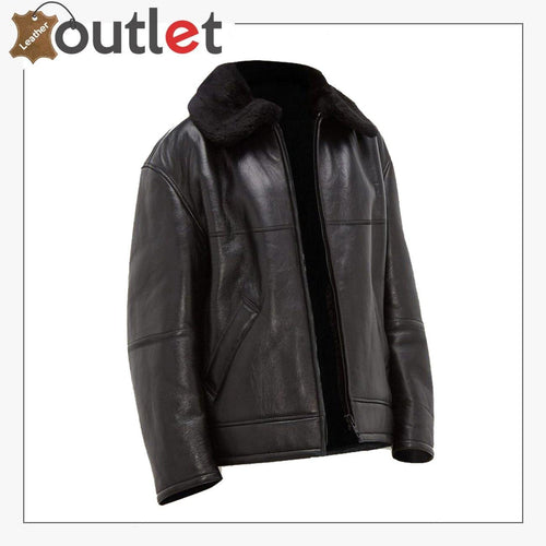 Black B3 shearling jacket for men with collar straps, front view