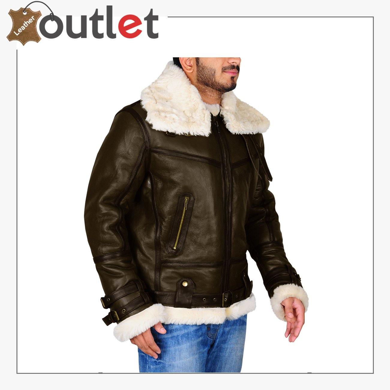Army Green Men B3 Bomber Shealring Leather Jacket