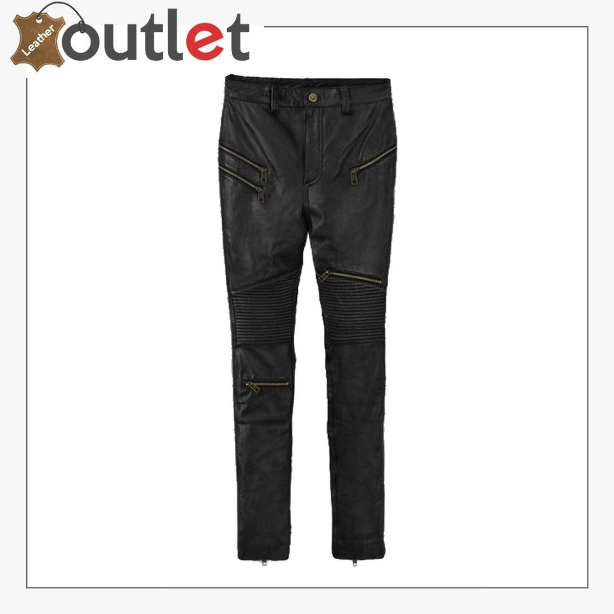Womens slim fit black top grain lamb leather pants, front view