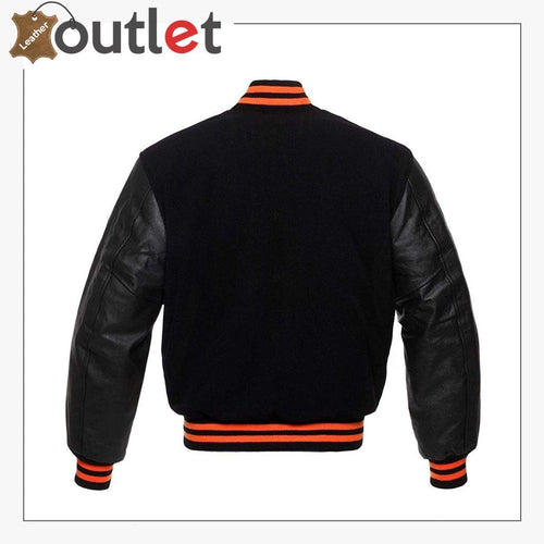Genuine leather baseball letterman jacket, back view