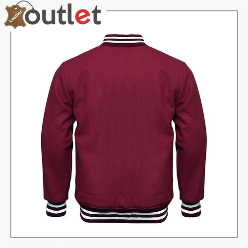 Maroon leather baseball varsity jacket for men, back view