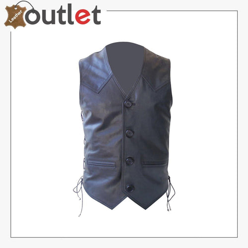 Bespoke tailored black real leather hunter vest for women, front view