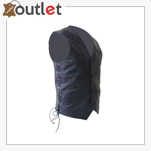 Squared utility pocket detail on womens black leather hunter vest