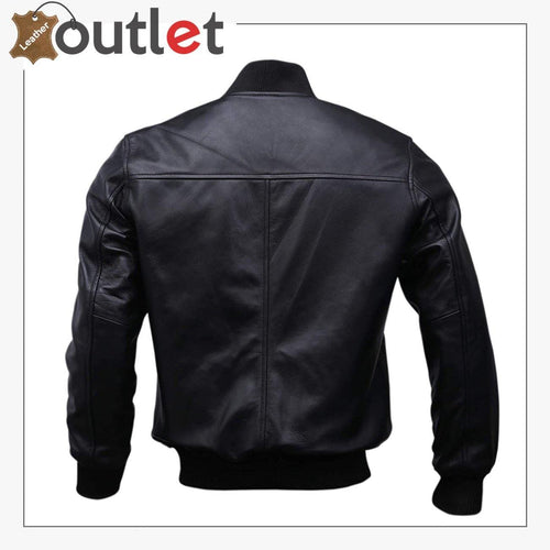 Mens leather bomber jacket, back view with ribbed hem