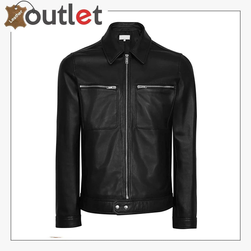 Black Biker Bomber Style Leather Jacket