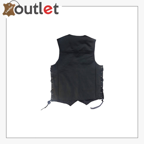 Black leather vest for men, back view