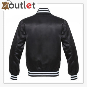 Black Bomber Style Leather Varsity Jacket - Leather Outlet