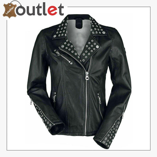 Black leather jacket with rounded silver studs and zip front, front view