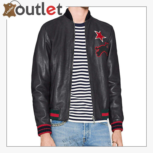 Back view of the black on black embroidered leather bomber