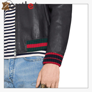 Black Embroidery Leather Bomber Jacket - Leather Outlet