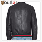 Black Embroidery Leather Bomber Jacket - Leather Outlet