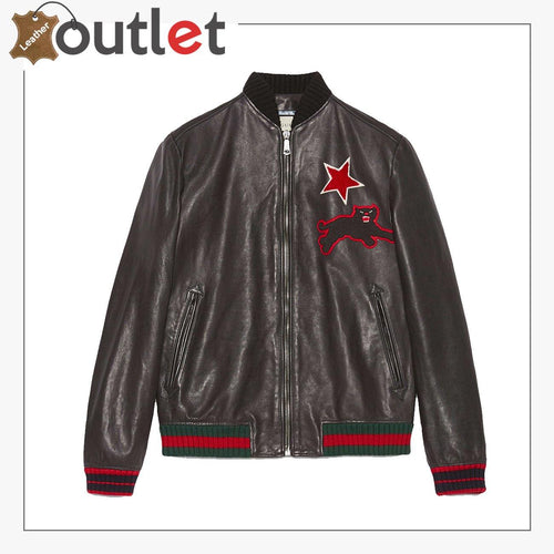 Black embroidery leather bomber jacket with tonal black stitching, front view