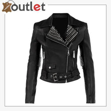 Load image into Gallery viewer, Black Lambskin Leather Silver Studded Biker Jacket
