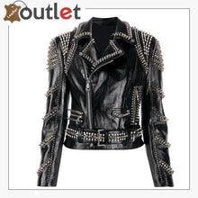 Load image into Gallery viewer, Black Lambskin Perfecto Spike-Stud Biker Jacket
