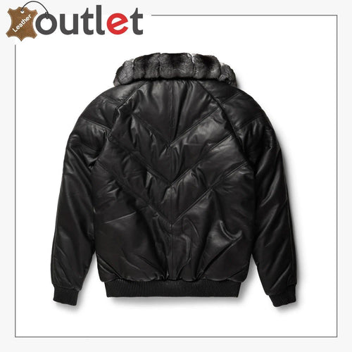 Dense grey fur collar detail on black leather V bomber jacket