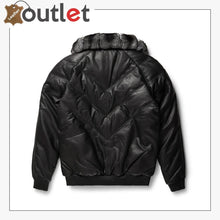 Load image into Gallery viewer, Black Leather Chinchilla Collar V Bomber Jacket - Leather Outlet
