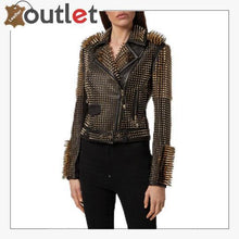 Load image into Gallery viewer, Black Leather Golden Spike Studded Punk Style Biker Jacket
