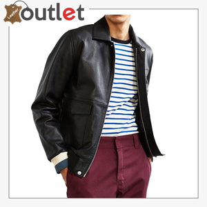 Black Shirt Style Leather Bomber Jacket - Leather Outlet